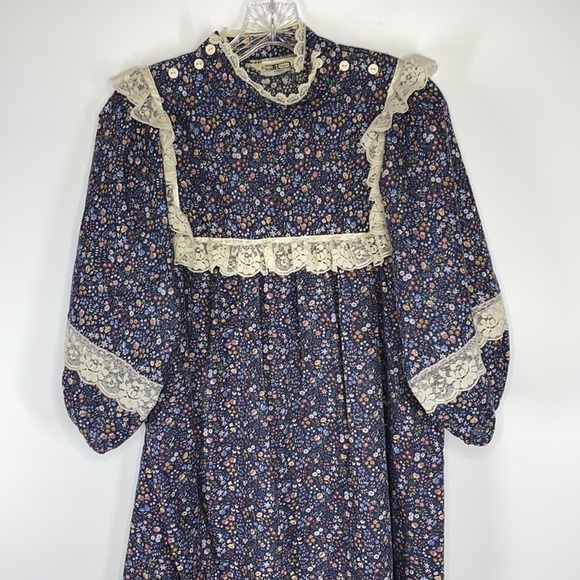 Vintage Sears JR Bazaar Prairie Floral Blue Lace Cottagecore Maxi Dress Large - Picture 4 of 10